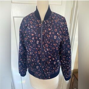 Skies Are Blue Bomber Jacket Women Navy Blue Floral Full Zip Corduroy Pockets.